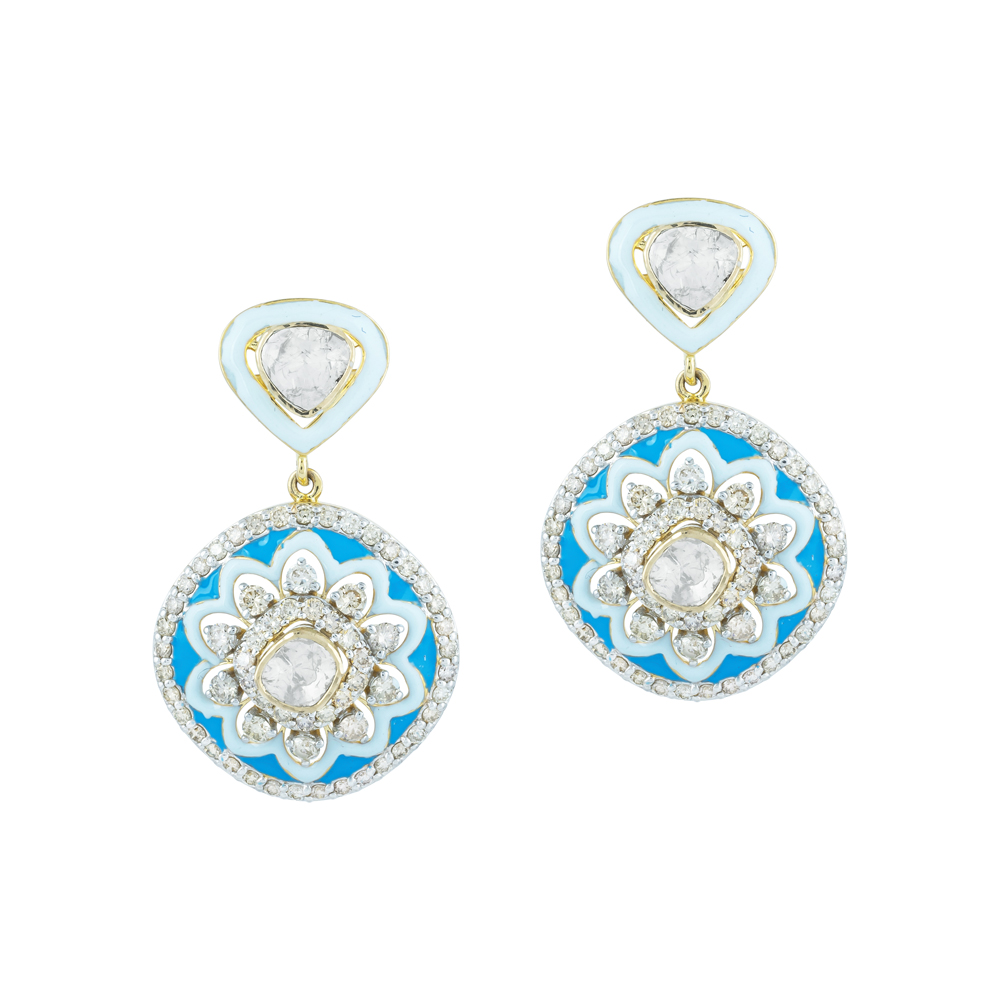 Blue Enamel Flower Polki Earrings with Diamond Halos